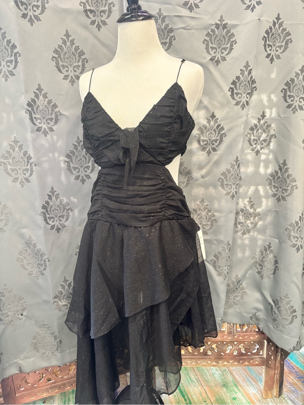 For Love & Lemons Black Sparkle Asymmetrical Ruffle Dress